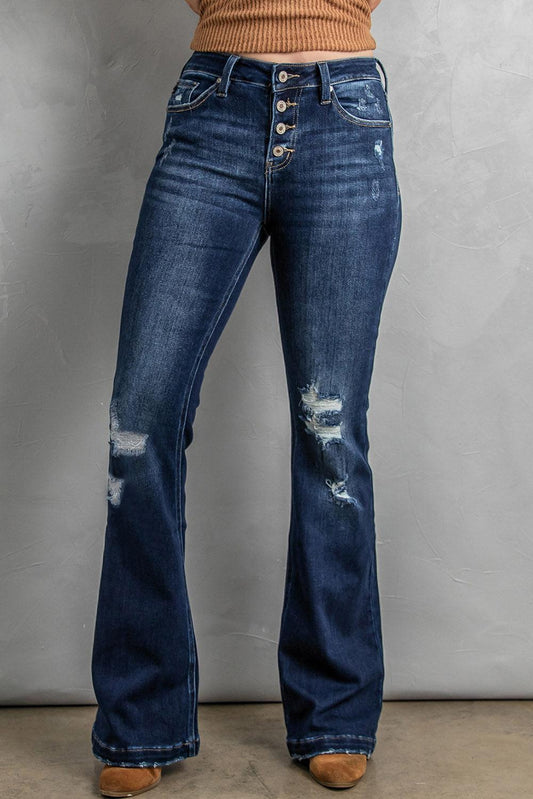 Button Fly Distressed Bootcut Jeans BLUE ZONE PLANET