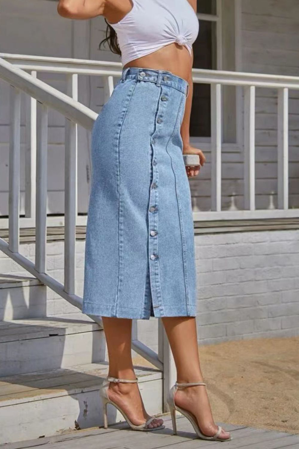 Button Fly Split Denim Skirt BLUE ZONE PLANET