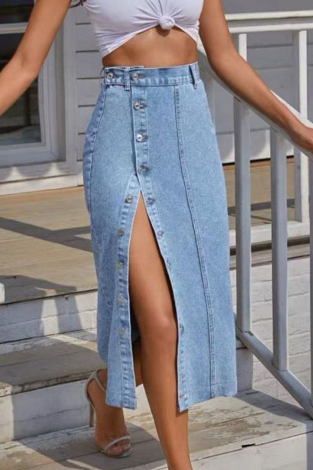 Button Fly Split Denim Skirt BLUE ZONE PLANET