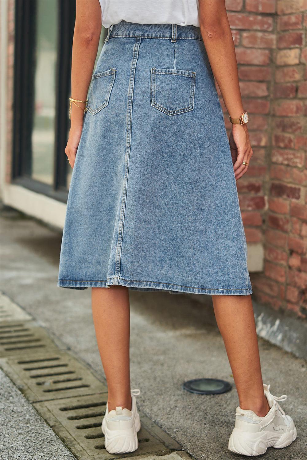 Button Front A-Line Denim Skirt BLUE ZONE PLANET