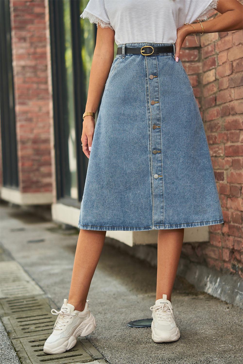 Button Front A-Line Denim Skirt BLUE ZONE PLANET