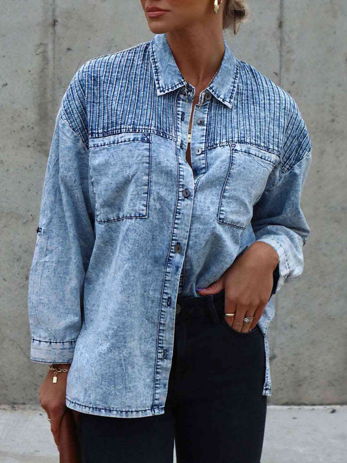 Button Front Collared Denim Jacket BLUE ZONE PLANET