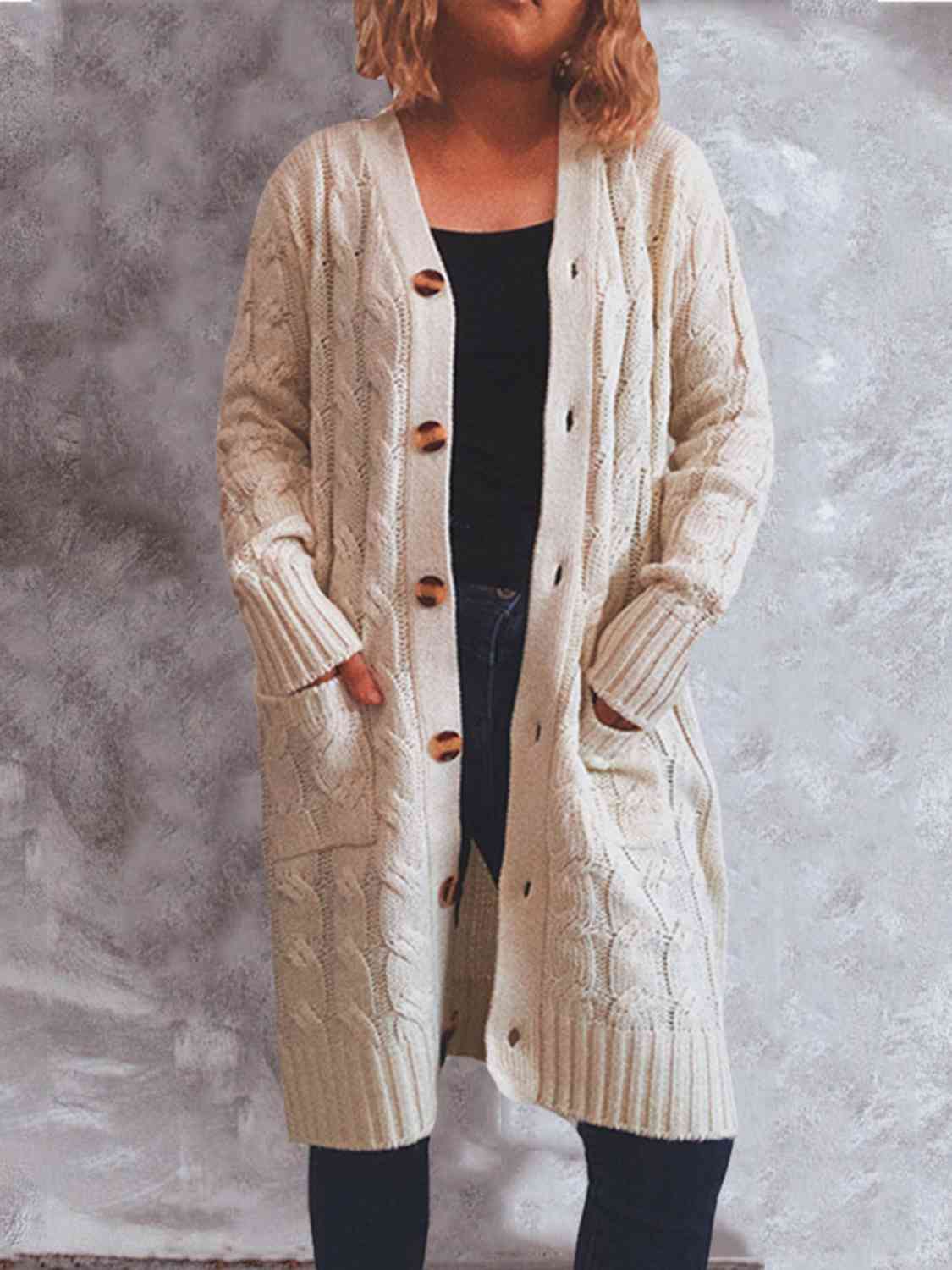 Button Up Cable-Knit Cardigan with Pockets BLUE ZONE PLANET