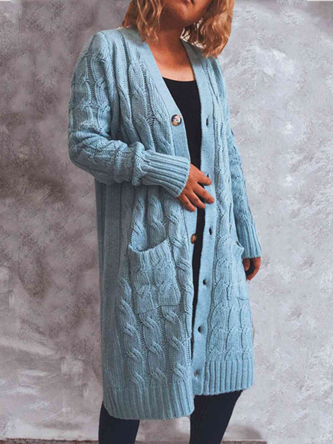 Button Up Cable-Knit Cardigan with Pockets BLUE ZONE PLANET