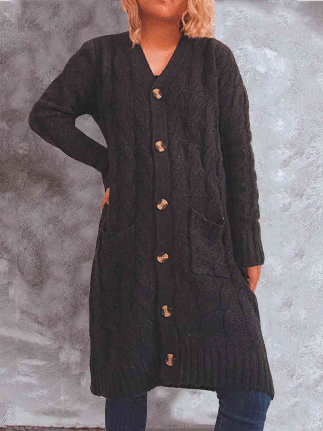 Button Up Cable-Knit Cardigan with Pockets BLUE ZONE PLANET