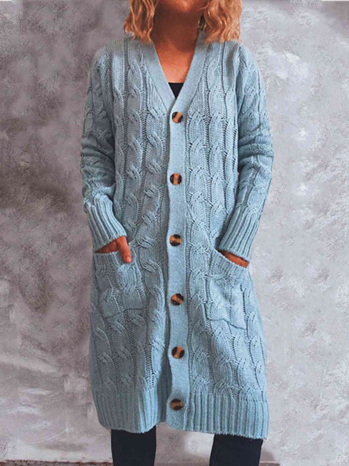 Button Up Cable-Knit Cardigan with Pockets BLUE ZONE PLANET