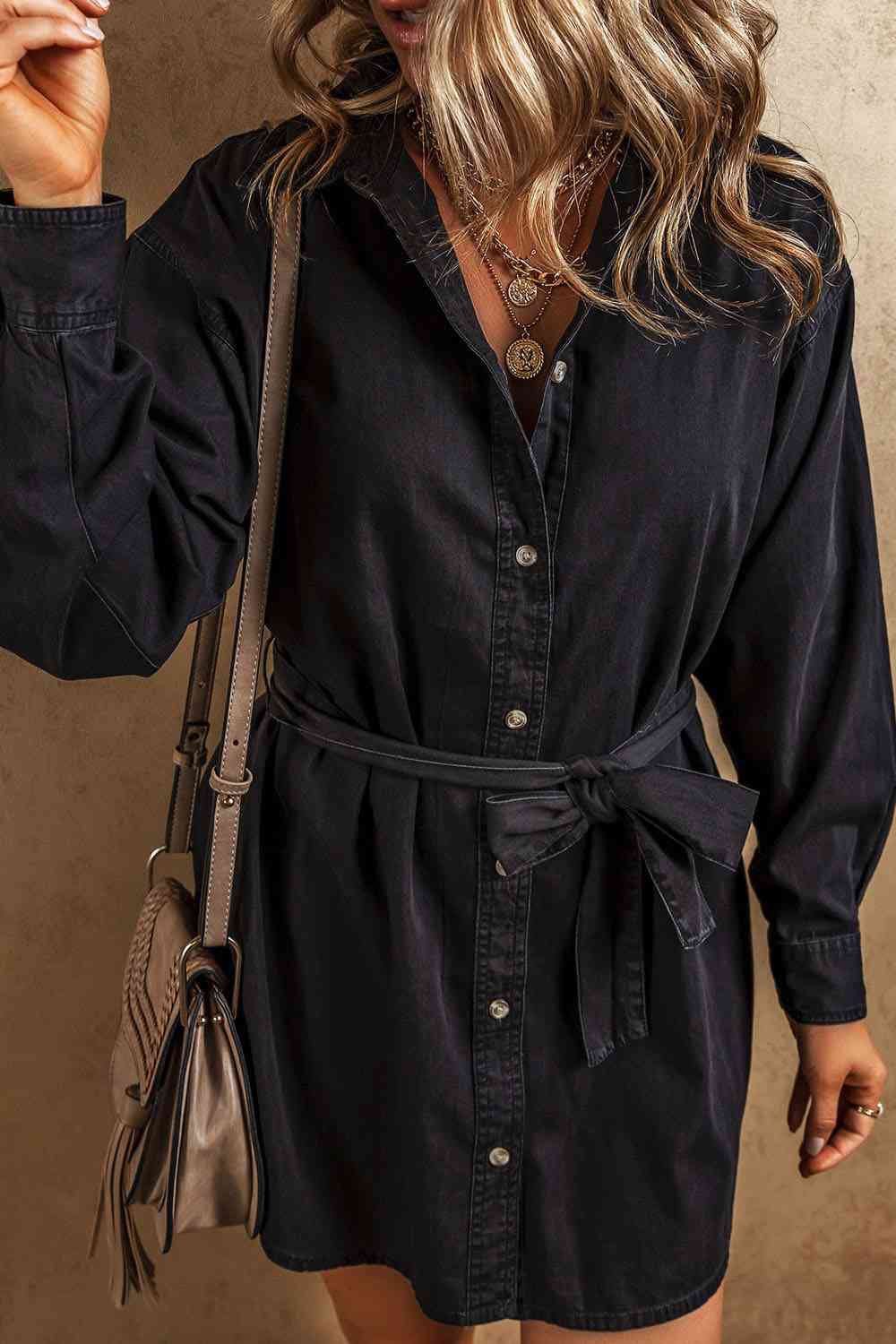 Button Up Collared Neck Denim Dress BLUE ZONE PLANET