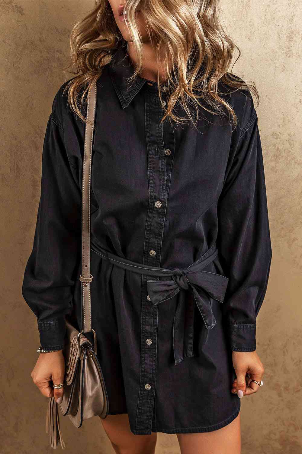 Button Up Collared Neck Denim Dress BLUE ZONE PLANET