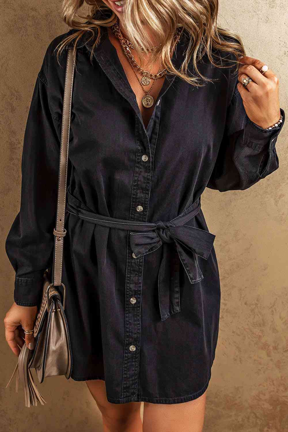 Button Up Collared Neck Denim Dress BLUE ZONE PLANET