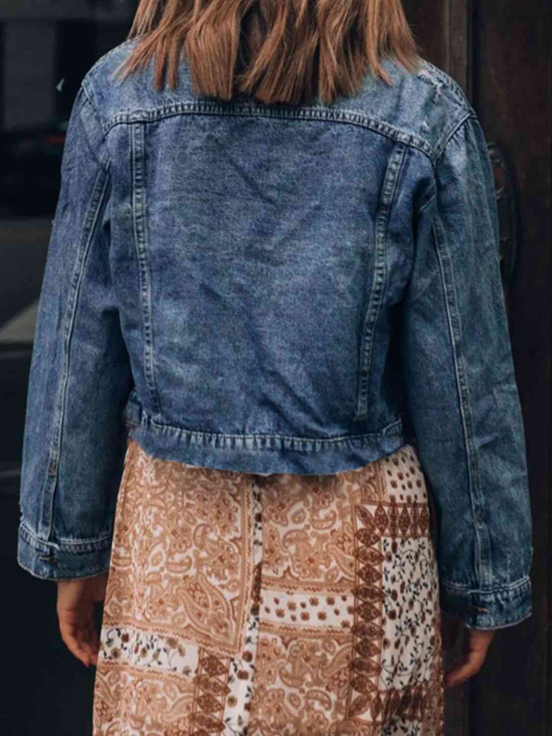 Button Up  Collared Neck Distressed Denim Jacket BLUE ZONE PLANET