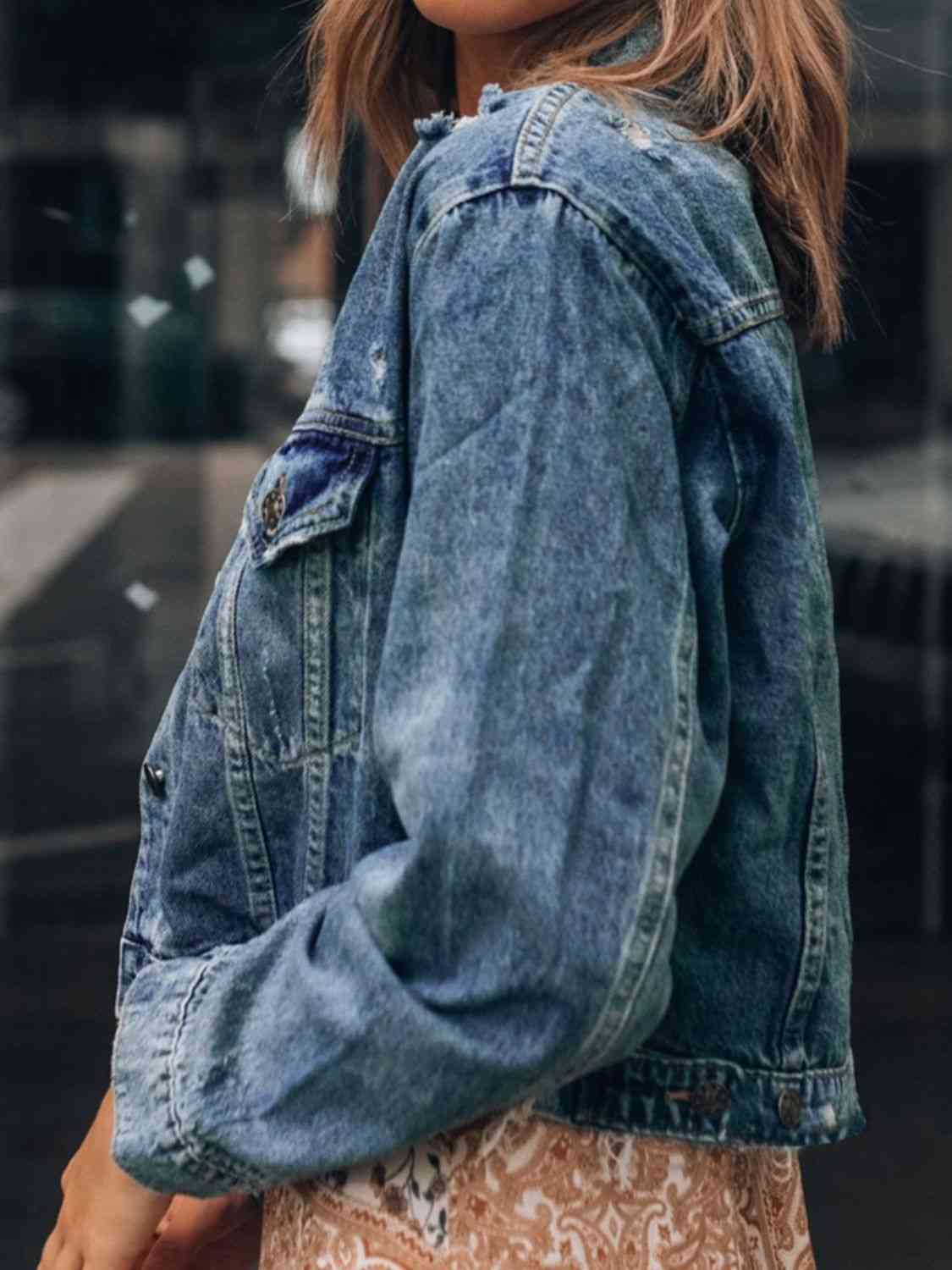 Button Up  Collared Neck Distressed Denim Jacket BLUE ZONE PLANET