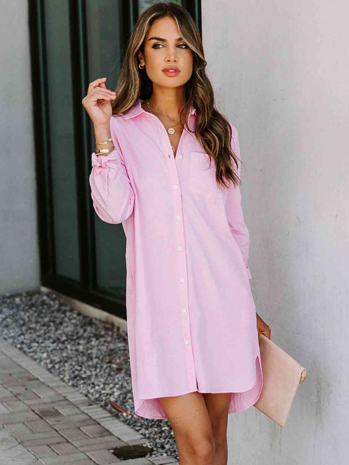 Button Up Collared Neck Long Sleeve Shirt Dress BLUE ZONE PLANET