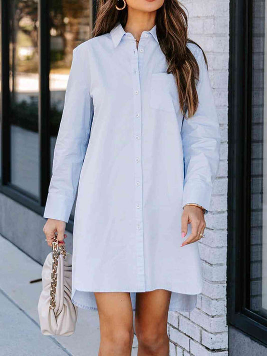 Button Up Collared Neck Long Sleeve Shirt Dress BLUE ZONE PLANET