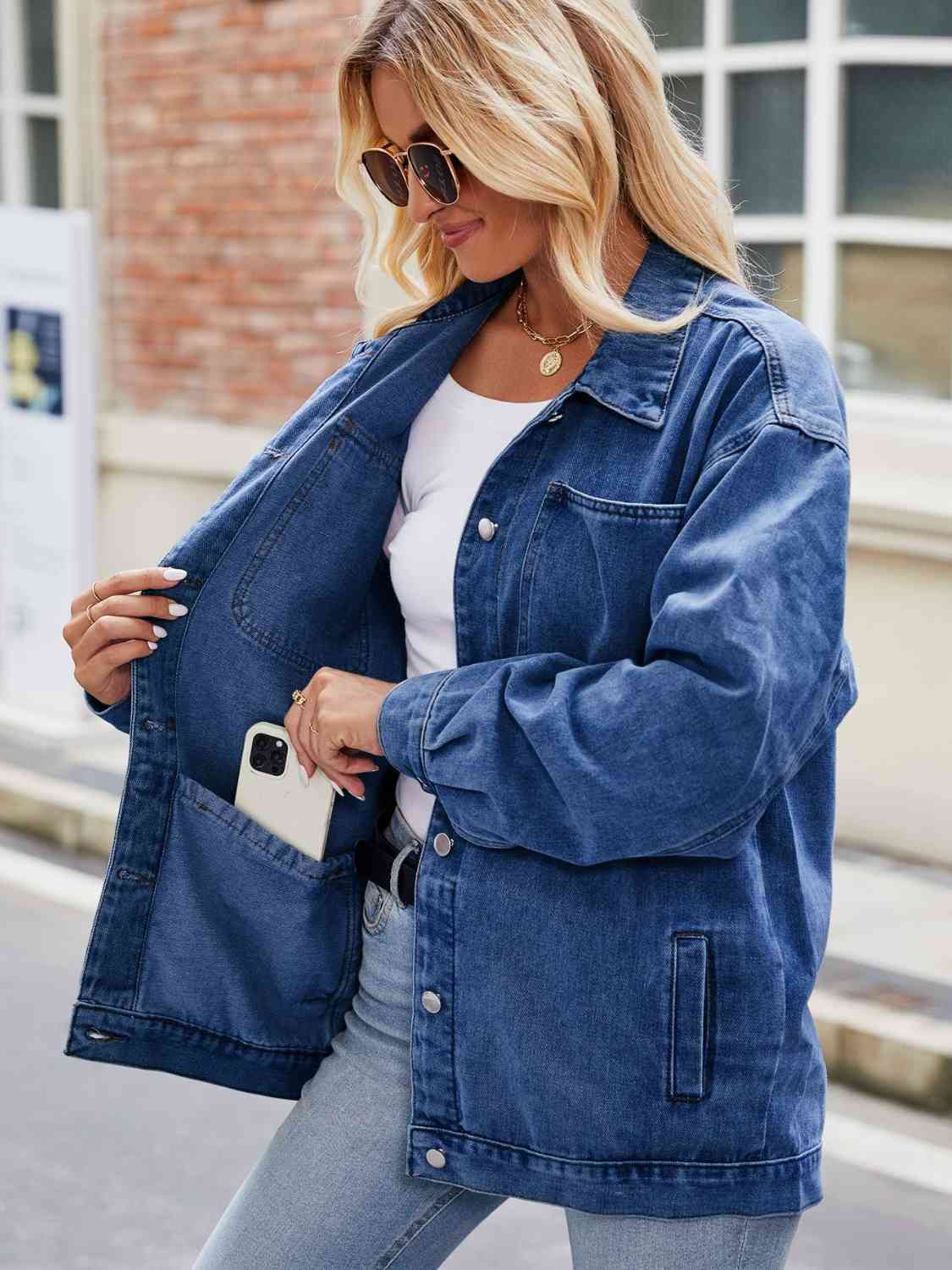 Button Up Denim Jacket with Pockets BLUE ZONE PLANET