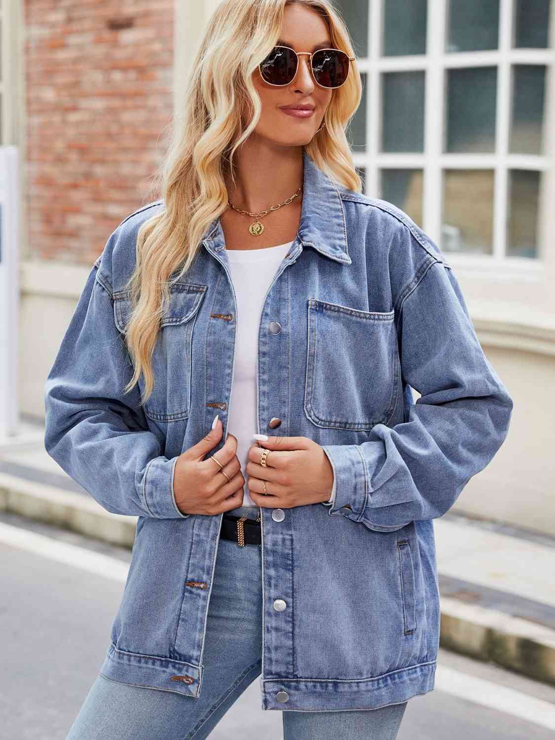 Button Up Denim Jacket with Pockets BLUE ZONE PLANET