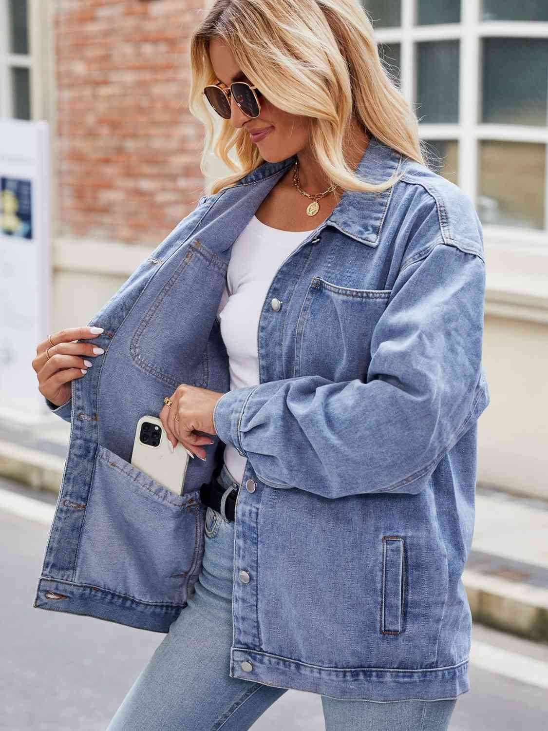 Button Up Denim Jacket with Pockets BLUE ZONE PLANET