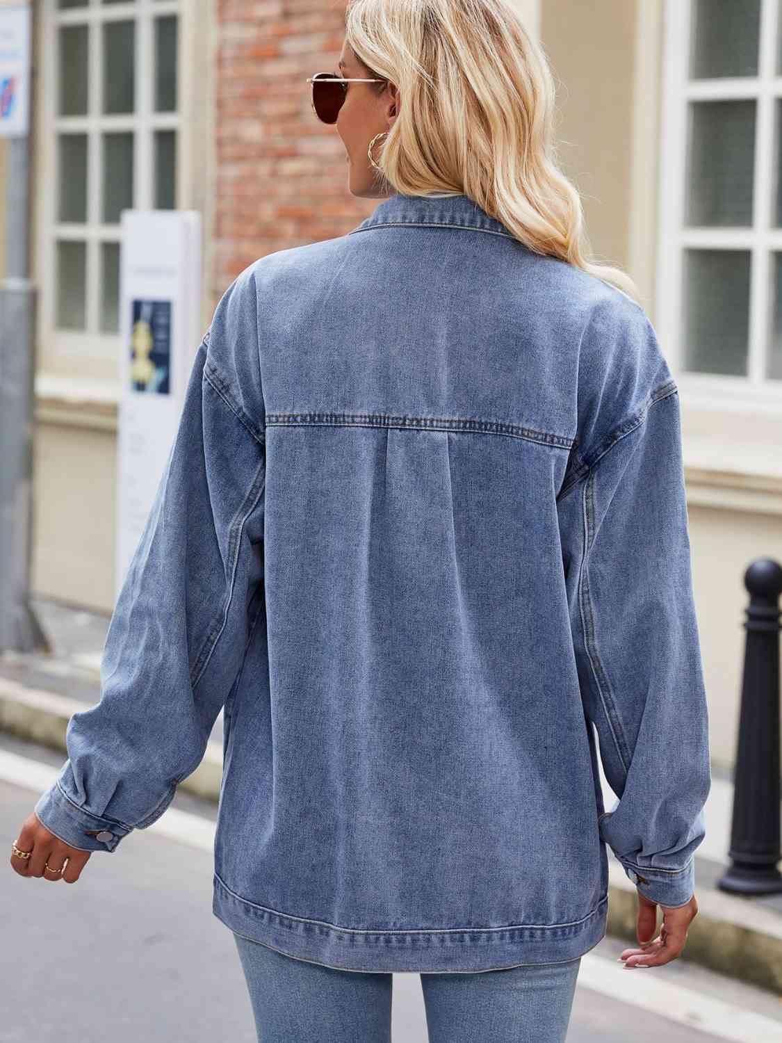 Button Up Denim Jacket with Pockets BLUE ZONE PLANET