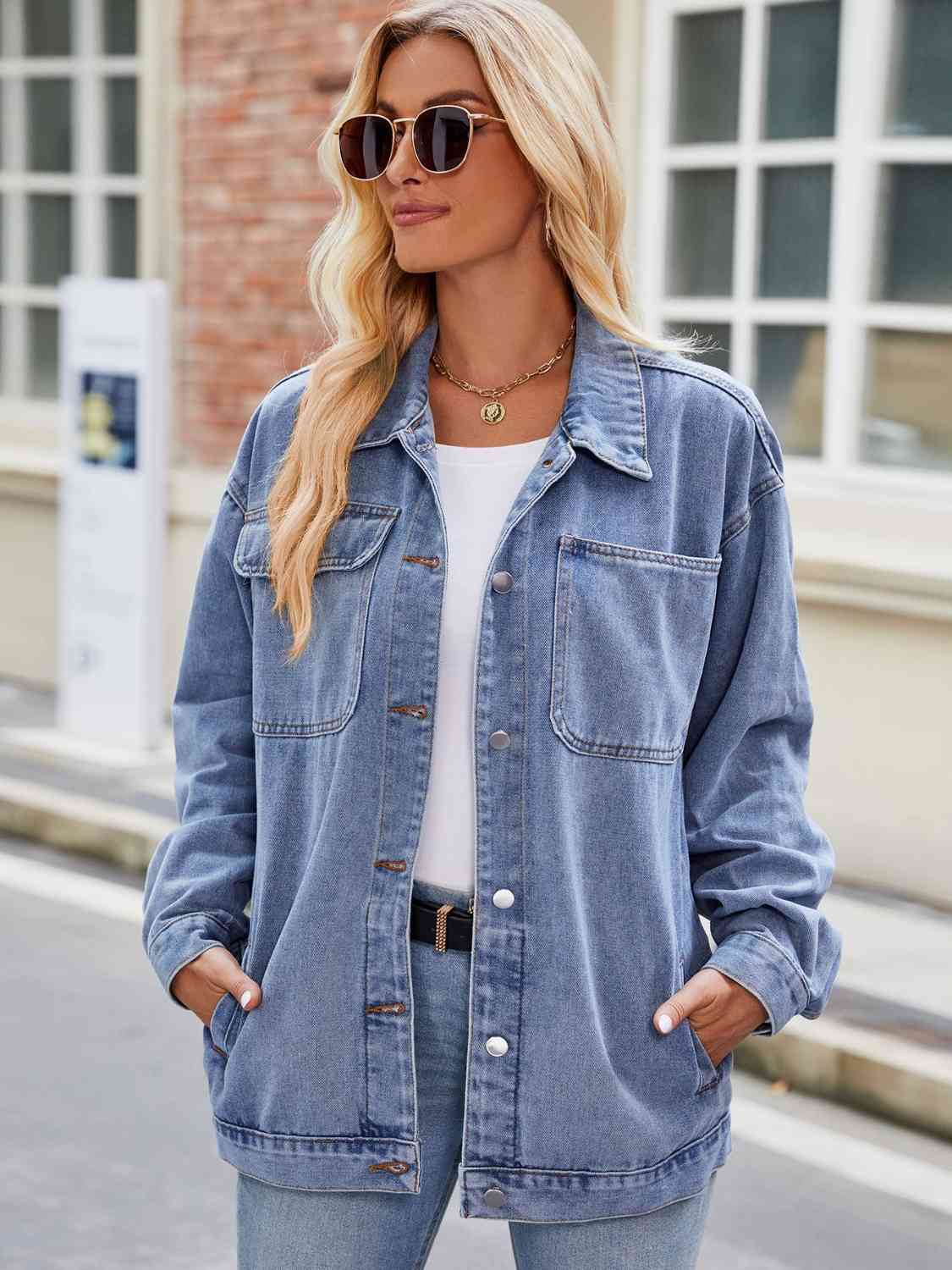 Button Up Denim Jacket with Pockets BLUE ZONE PLANET
