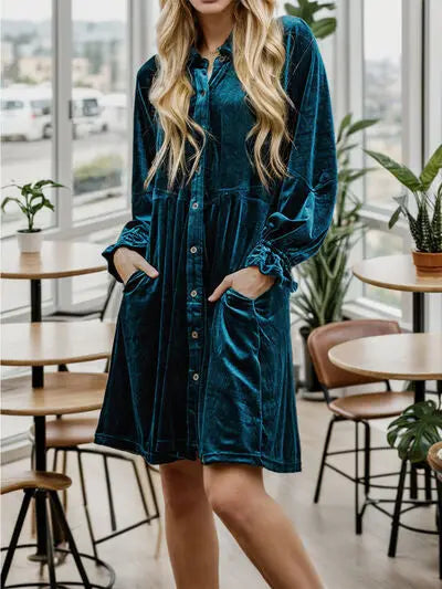 Button Up Drawstring Flounce Sleeve Dress BLUE ZONE PLANET