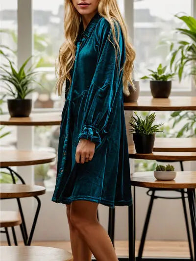 Button Up Drawstring Flounce Sleeve Dress BLUE ZONE PLANET