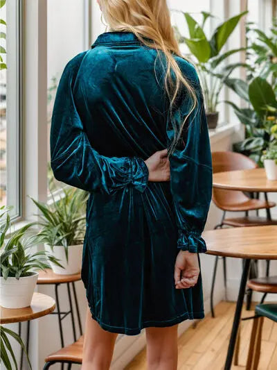 Button Up Drawstring Flounce Sleeve Dress BLUE ZONE PLANET