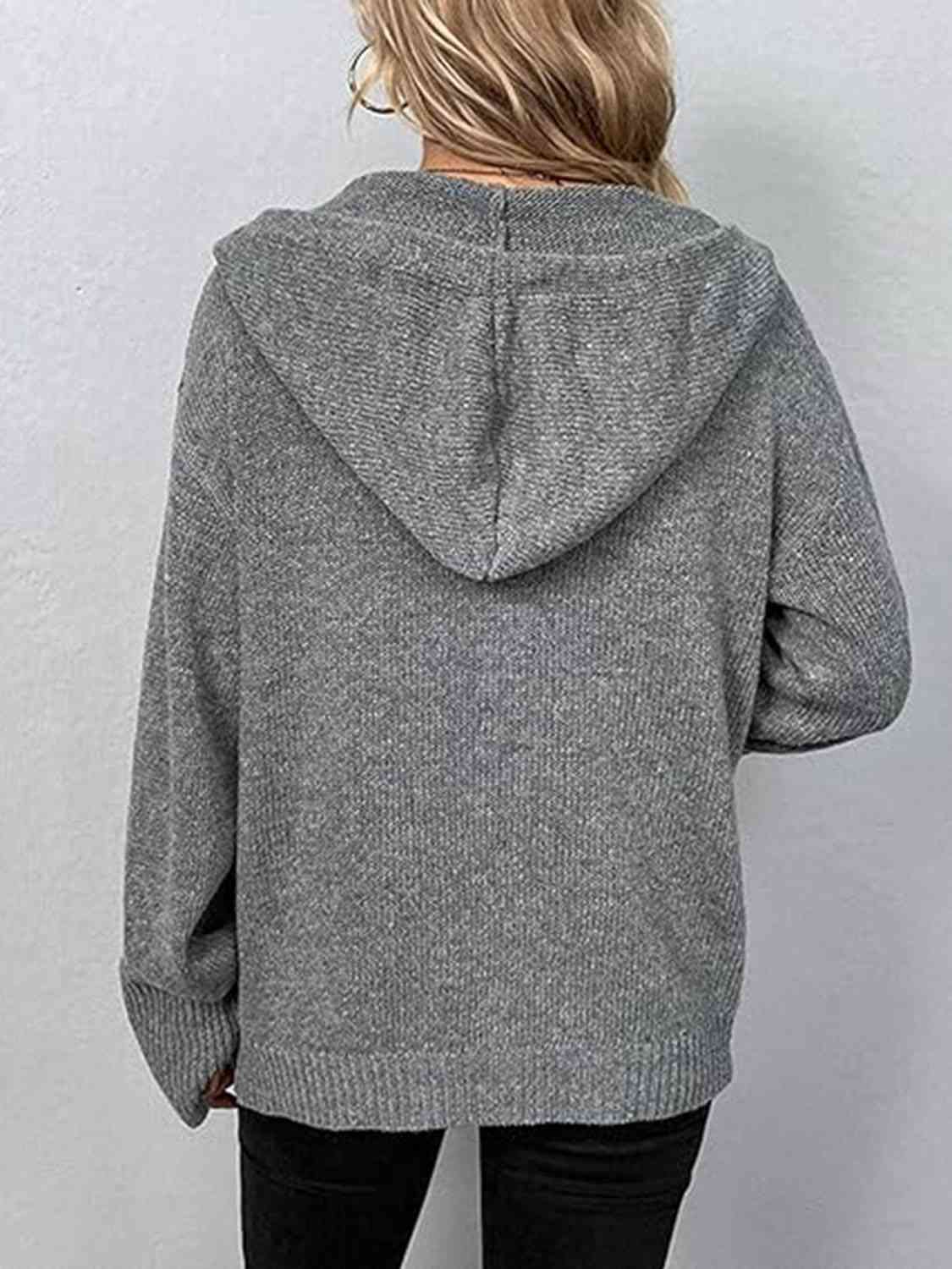 Button Up Drawstring Long Sleeve Hooded Cardigan BLUE ZONE PLANET