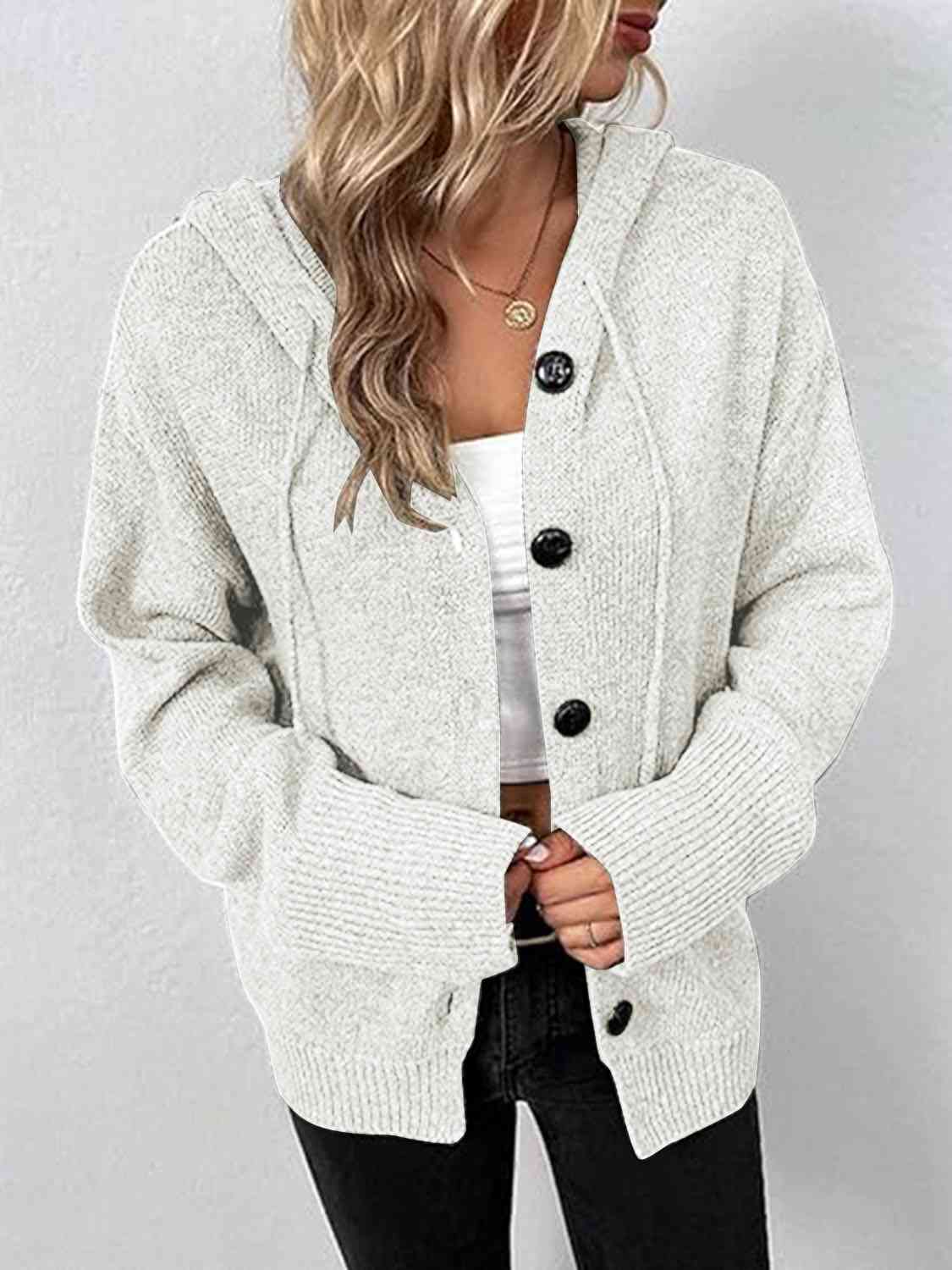Button Up Drawstring Long Sleeve Hooded Cardigan BLUE ZONE PLANET