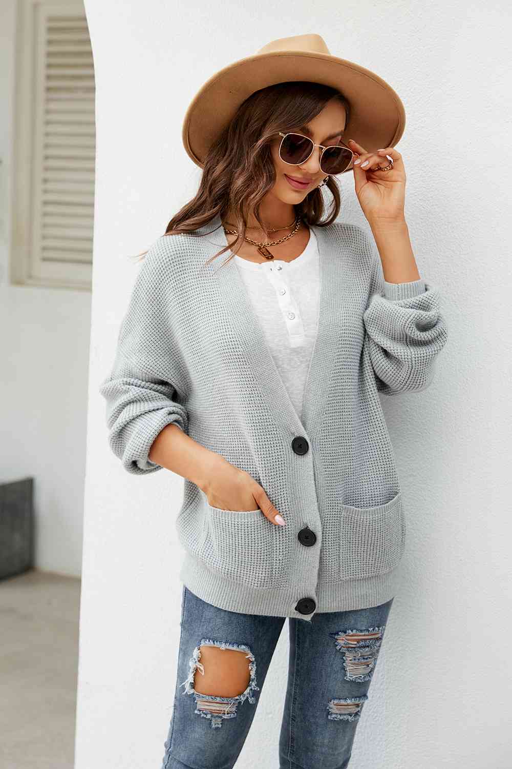 Button Up Drop Shoulder Long Sleeve Cardigan BLUE ZONE PLANET