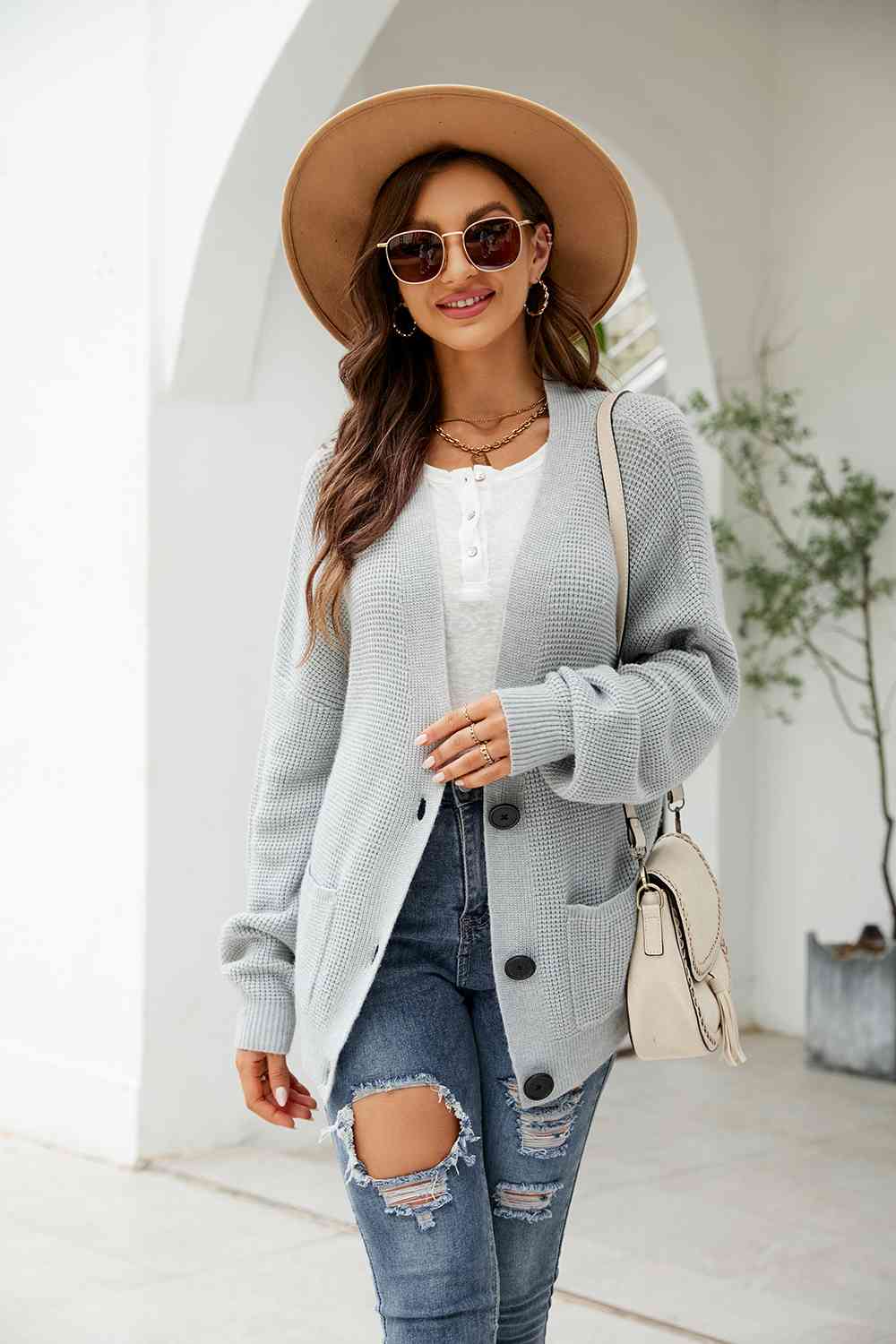 Button Up Drop Shoulder Long Sleeve Cardigan BLUE ZONE PLANET