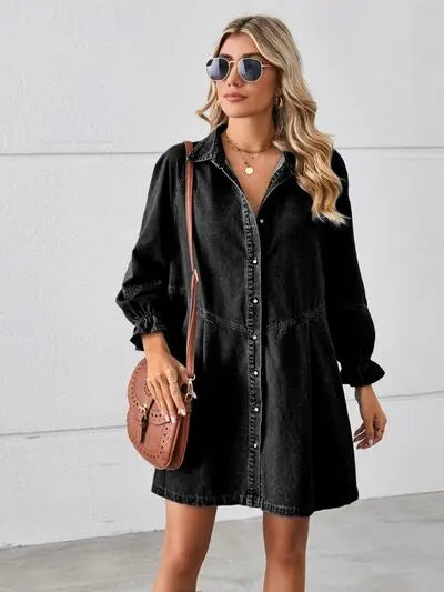 Button Up Flounce Sleeve Mini Denim Dress Trendsi