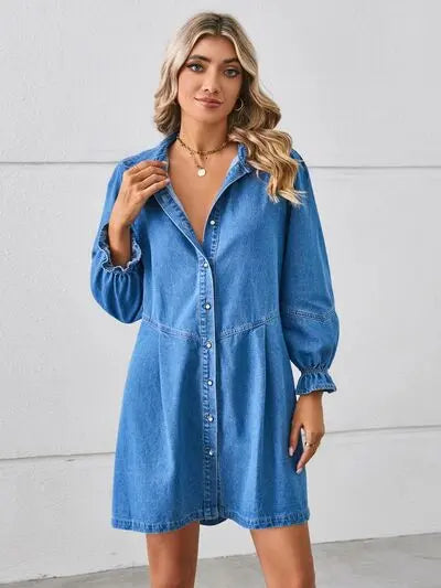 Button Up Flounce Sleeve Mini Denim Dress Trendsi