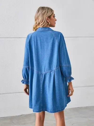 Button Up Flounce Sleeve Mini Denim Dress Trendsi