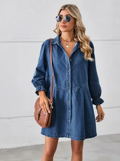 Button Up Flounce Sleeve Mini Denim Dress Trendsi