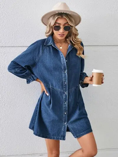 Button Up Flounce Sleeve Mini Denim Dress Trendsi