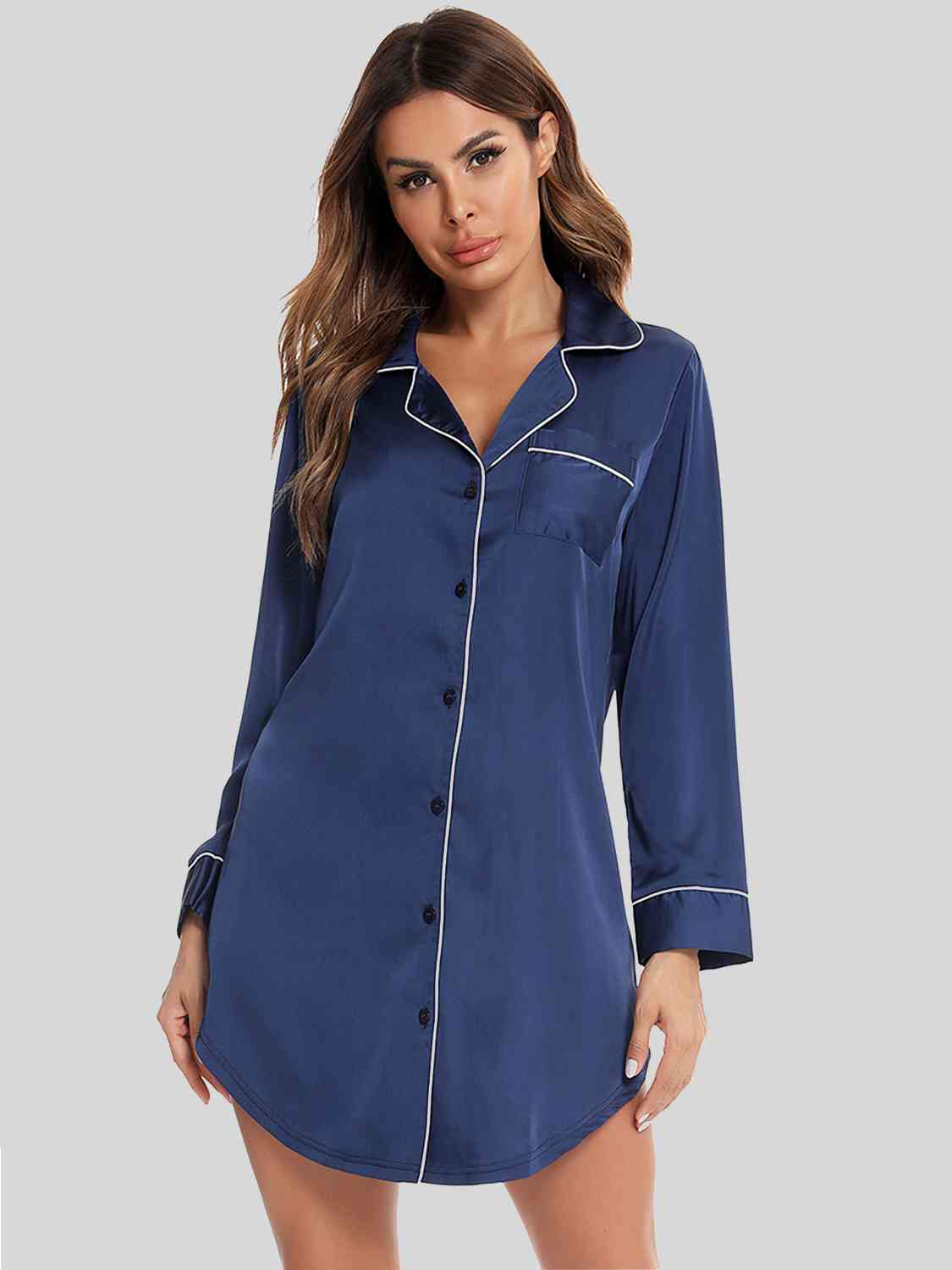 Button Up Lapel Collar Night Dress with Pocket BLUE ZONE PLANET