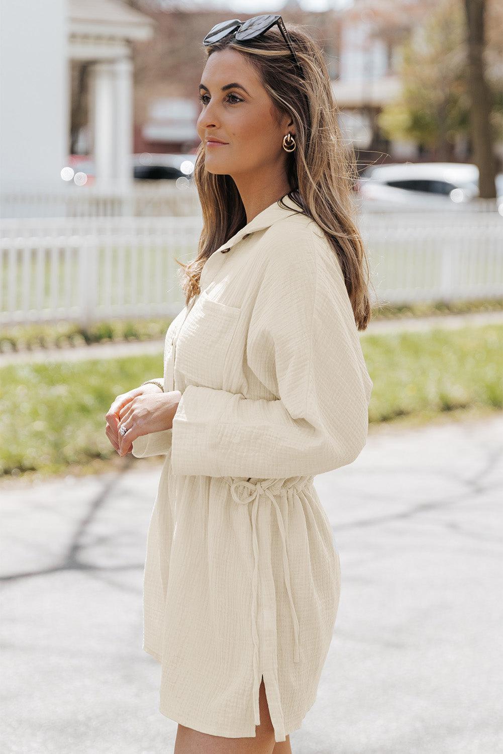 Button-Up Long Sleeve Collared Neck Mini Dress BLUE ZONE PLANET