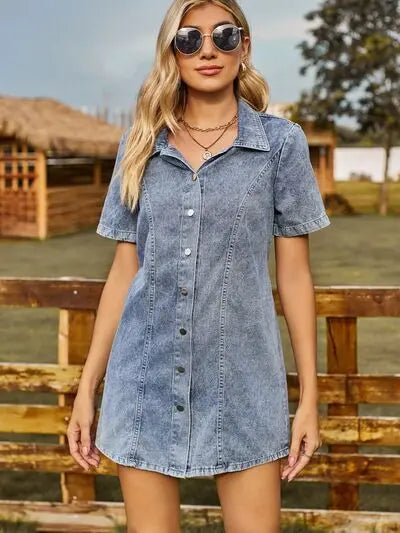 Button Up Short Sleeve Mini Denim Dress Trendsi