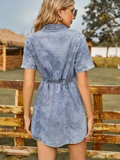 Button Up Short Sleeve Mini Denim Dress Trendsi