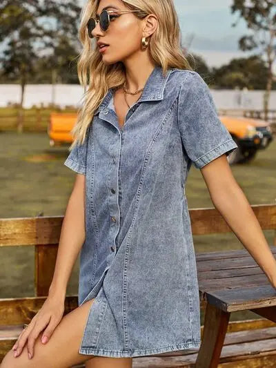 Button Up Short Sleeve Mini Denim Dress Trendsi