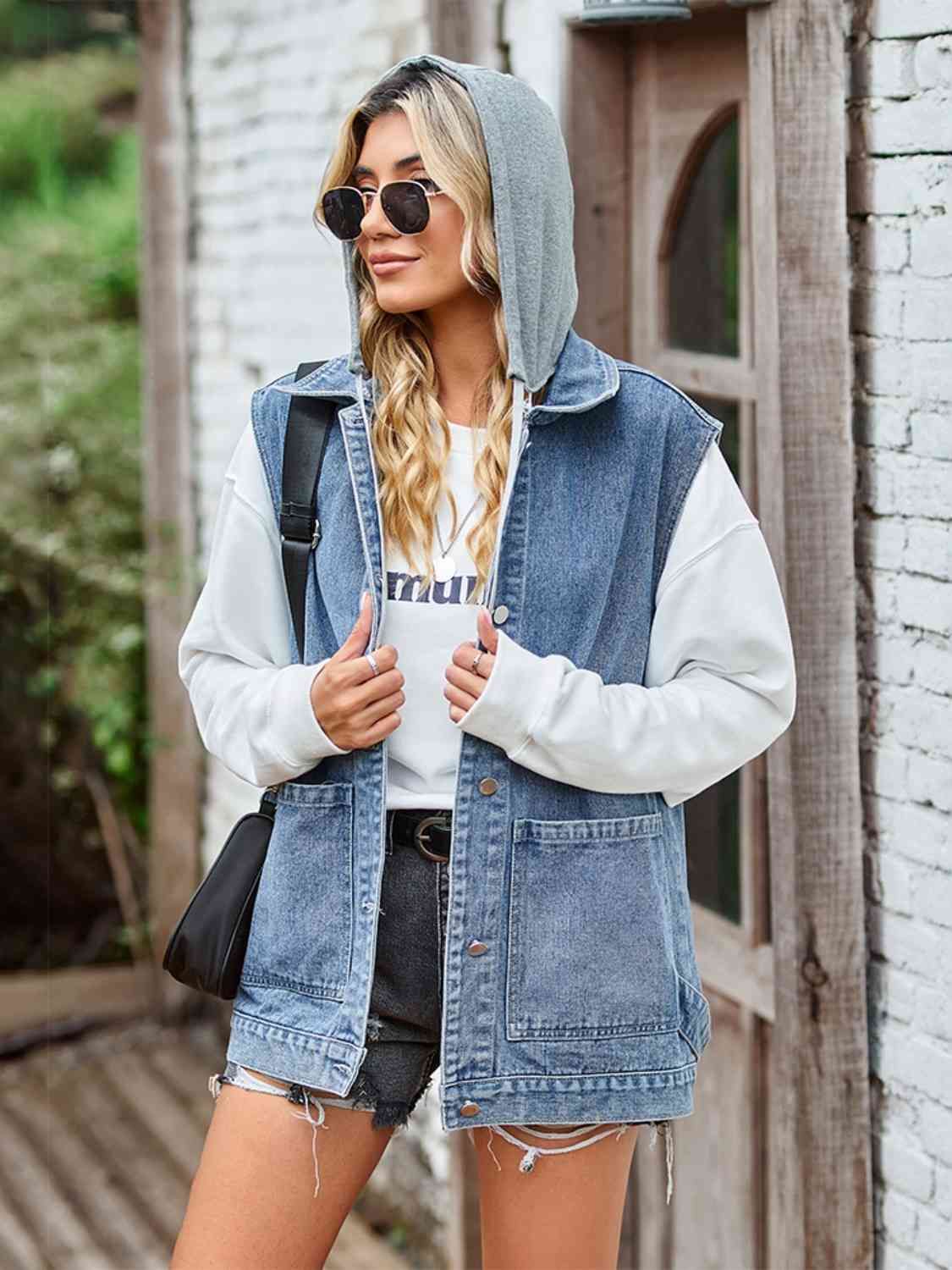Button Up Sleeveless Denim Jacket with Pockets BLUE ZONE PLANET