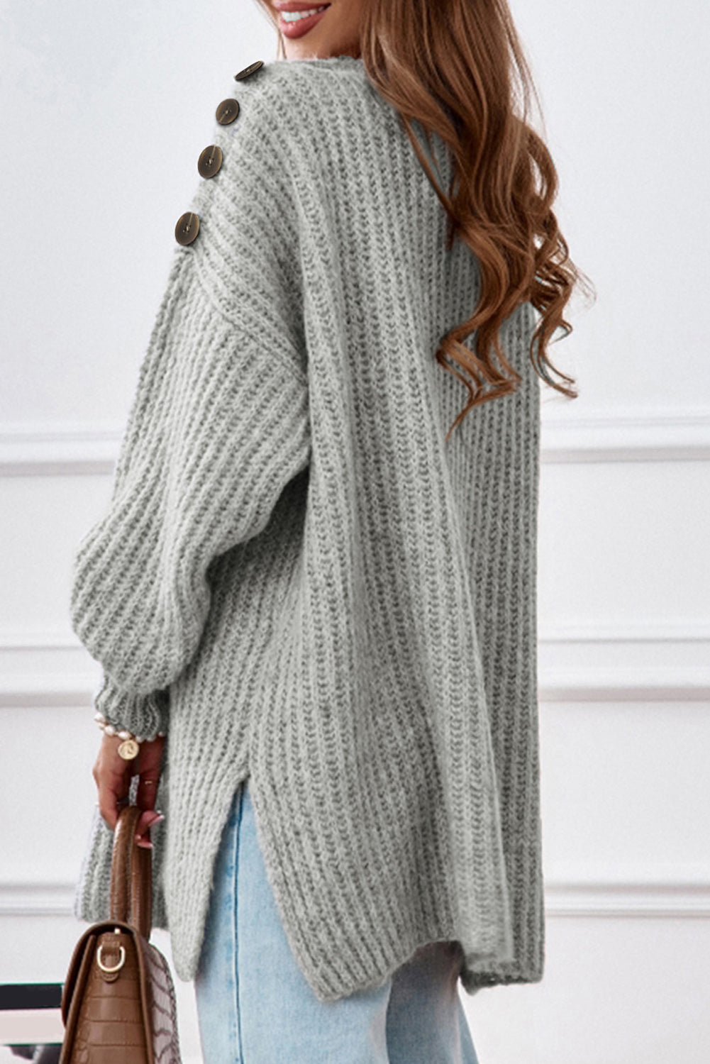 Buttoned Boat Neck Slit Sweater BLUE ZONE PLANET