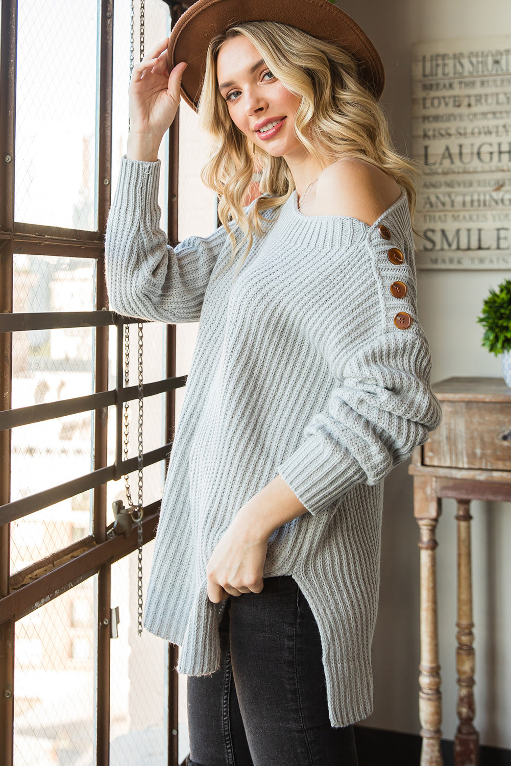 Buttoned Boat Neck Slit Sweater BLUE ZONE PLANET