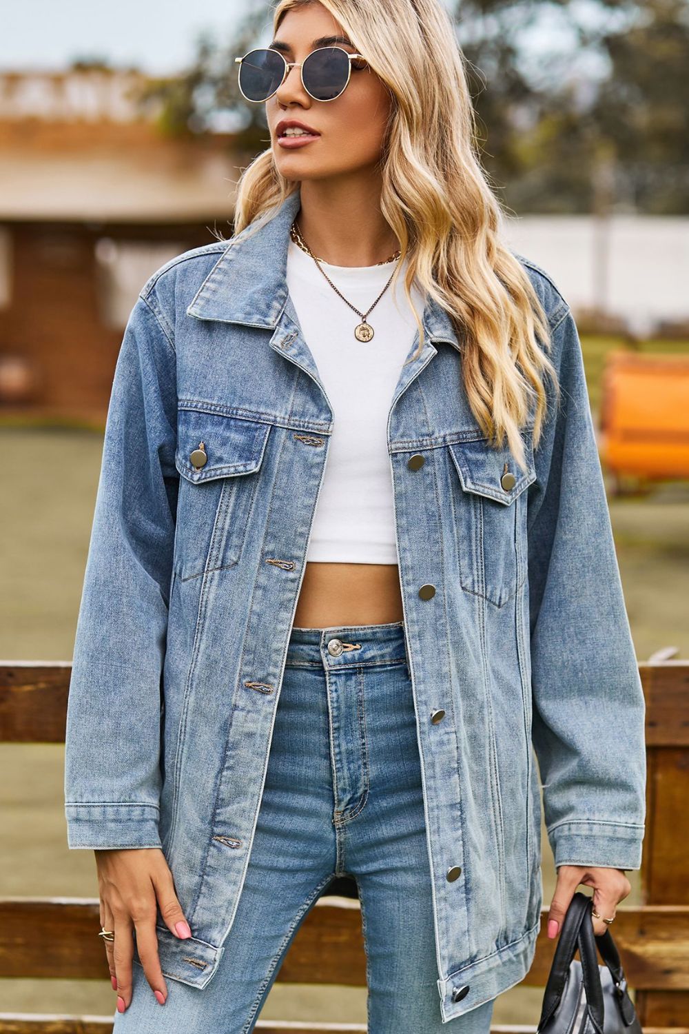 Buttoned Collared Neck Denim Jacket with Pockets BLUE ZONE PLANET