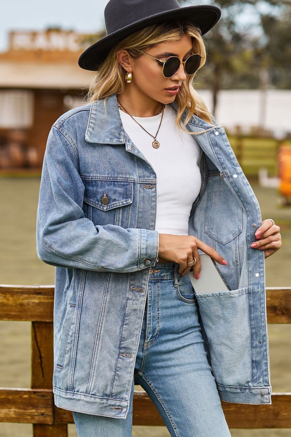 Buttoned Collared Neck Denim Jacket with Pockets BLUE ZONE PLANET