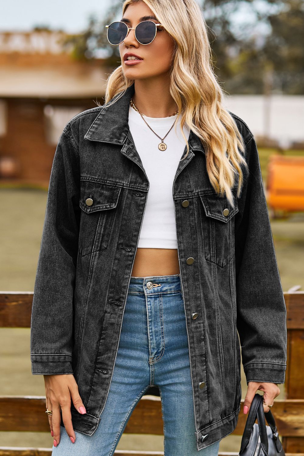 Buttoned Collared Neck Denim Jacket with Pockets BLUE ZONE PLANET