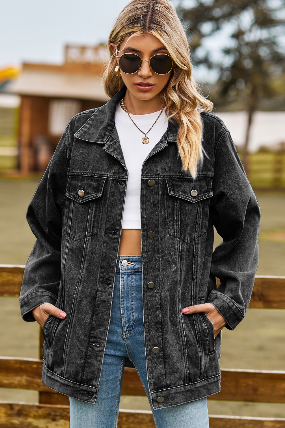 Buttoned Collared Neck Denim Jacket with Pockets BLUE ZONE PLANET