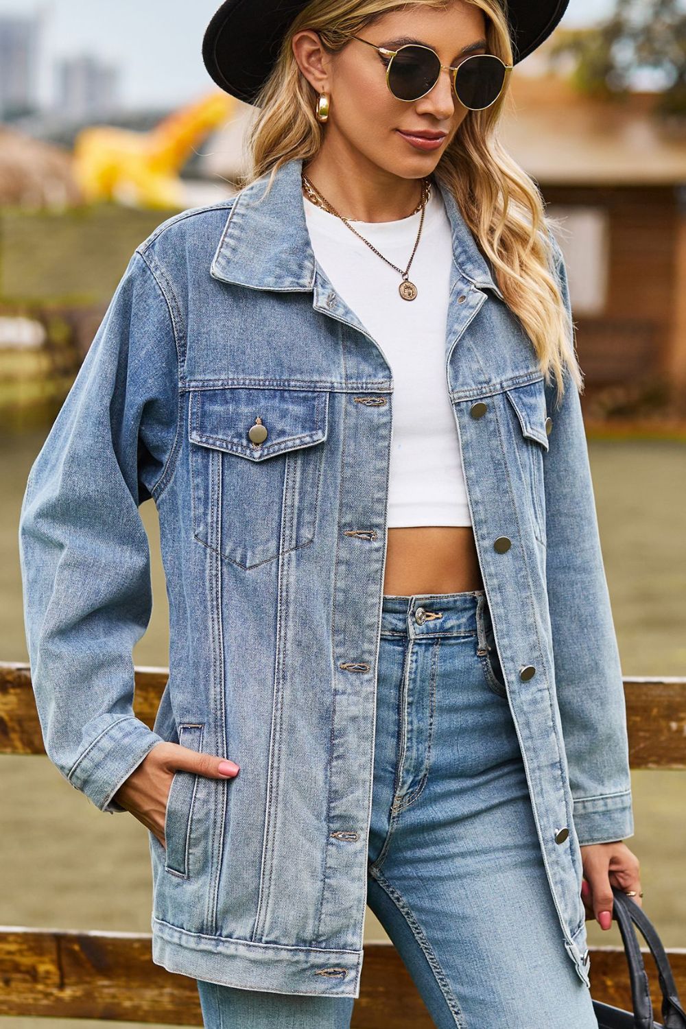 Buttoned Collared Neck Denim Jacket with Pockets BLUE ZONE PLANET