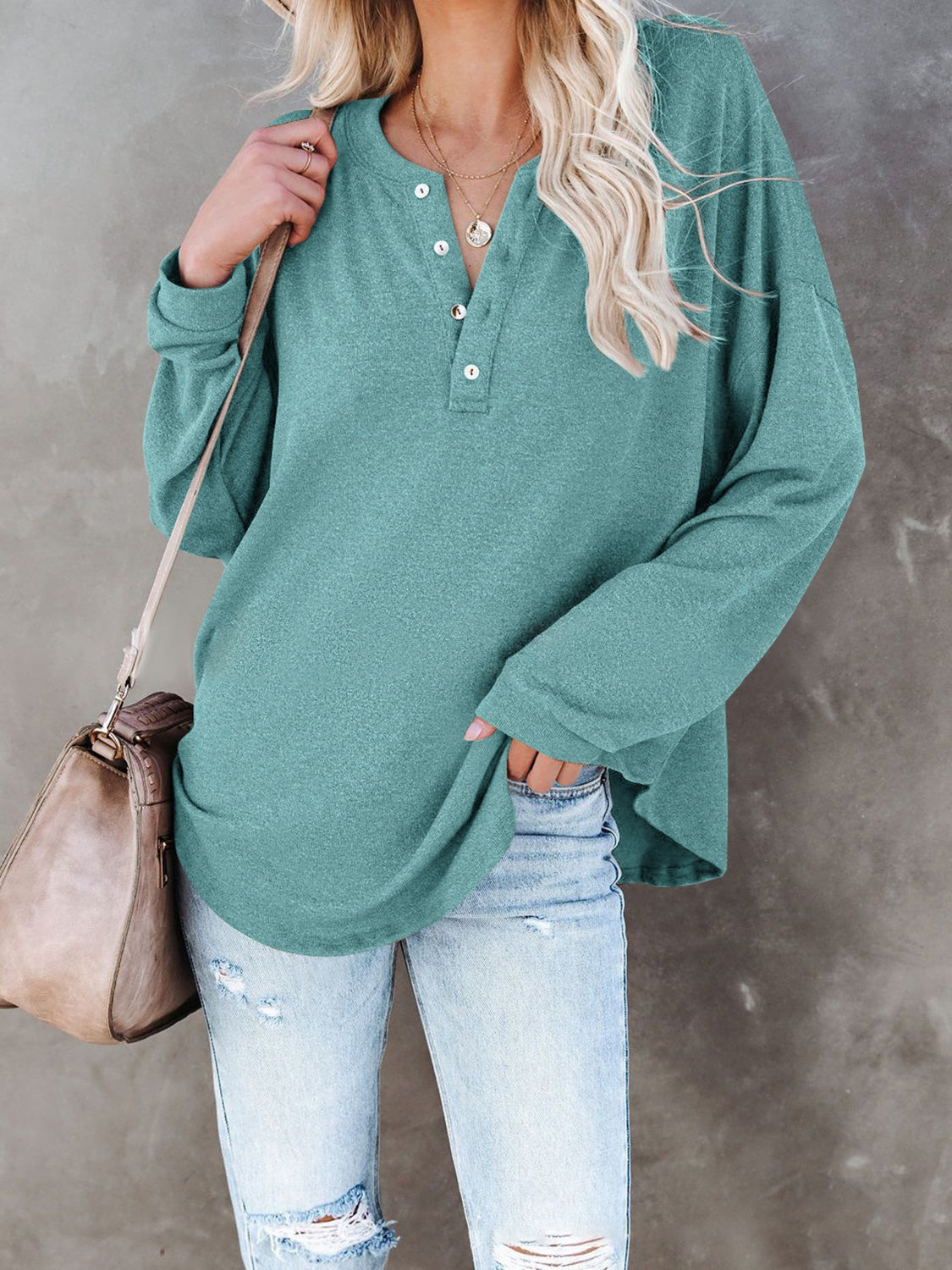 Buttoned Drop Shoulder Top BLUE ZONE PLANET