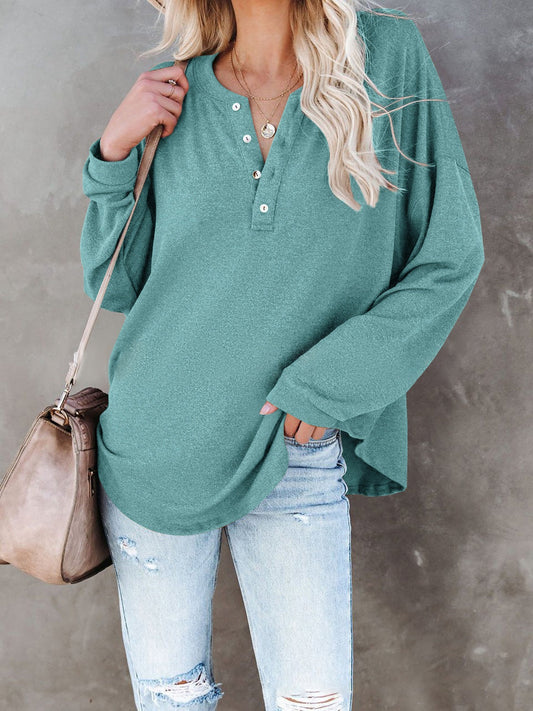 Buttoned Drop Shoulder Top BLUE ZONE PLANET