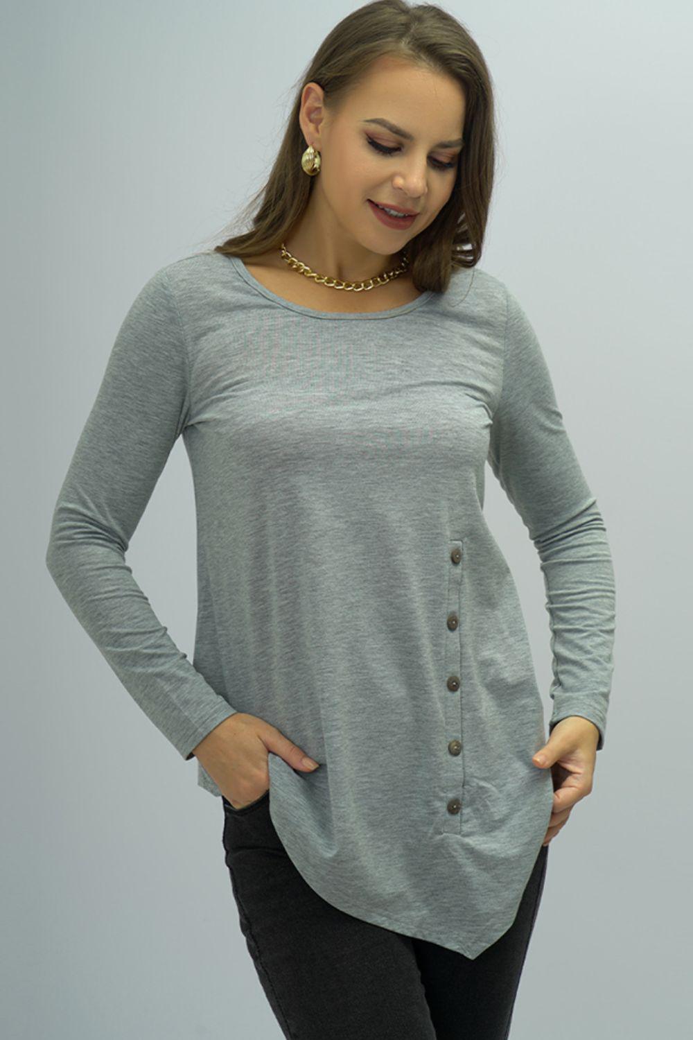 Buttoned Long Sleeve Round Neck Tee BLUE ZONE PLANET